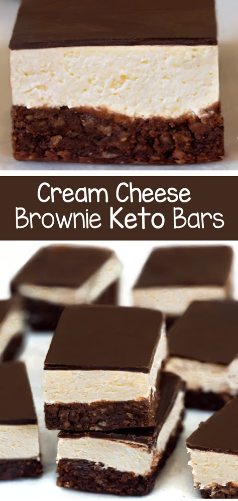 Fudgy chocolate brownie bars are covered with a thick and creamy layer of cheesecake, for a secretly low carb keto dessert recipe #keto #ketodessert #ketorecipe #ketoideas #brownies #ketobrownies #sugarfree #chocolate #lowcarb #creamcheese Cream Cheese Keto, Brownie Healthy, Cheese Keto, Brownie Bars, Healthy Snack Bars, Healthy Chocolate Recipes, Chocolate Covered Katie, Bars Chocolate, Cream Cheese Brownies