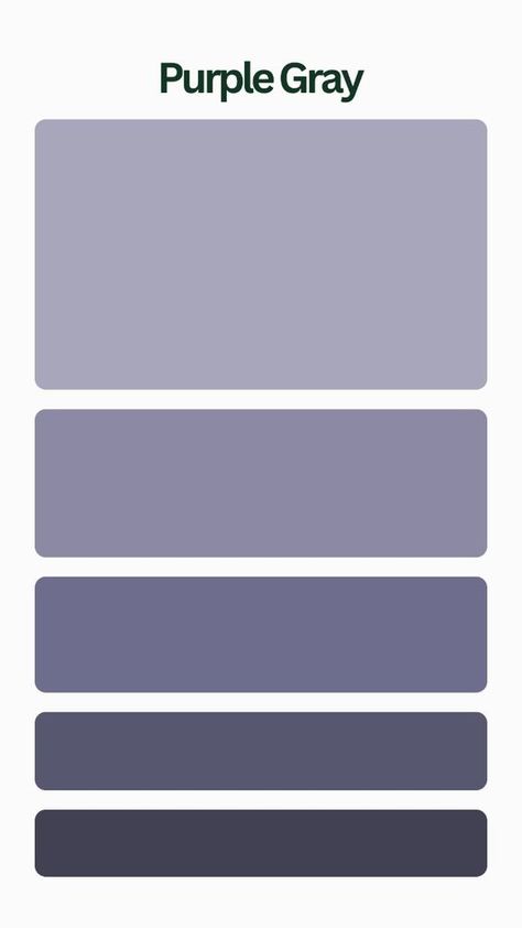 Purple Gray is a muted, soft shade that blends gray with a hint of purple. It conveys a sense of sophistication, subtlety, and calmness. Purple And Grey Colour Palette, Muted Purple Palette, Soft Purple Palette, Blue Grey Purple Color Palette, Purple Gray Palette, Grey Purple Color Palette, Grey Palette Colour Schemes, Bedroom Ideas Purple And Grey, Muted Purple Aesthetic