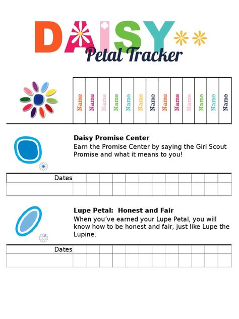 Daisy petal tracking form Daisy Promise Center Activities, Daisy Promise Center, Learning About Money, Girl Scout Promise, Girl Scout Daisy, Daisy Scouts, Daisy Petals, Daisy Girl Scouts, Daisy Girl