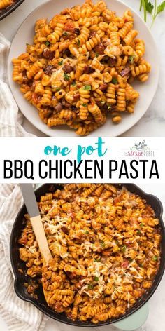 This One Pot BBQ Chicken Pasta is smoky and savory, with tender chicken breast, crispy bacon, and your favorite BBQ sauce -- an easy one pan dinner idea the family will love! #bbq #barbecue #chicken #chickenbreast #pasta #dinner Dinner Ideas One Pot, Easy One Pan Dinner, Bbq Chicken Pasta, One Pan Dinner, Pasta Dinner Recipes, Barbecue Chicken, Chicken Dishes Recipes, Idee Pasto Sano, Iron Skillet