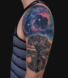 Oak Tree Tattoo Sleeve Oak Tree Tattoo Sleeve, Geometric Tattoo Tree, Outer Space Tattoos, Tree Sleeve Tattoo, Tree Sleeve, Sky Tattoos, Oak Tree Tattoo, Galaxy Tattoo, Space Tattoo