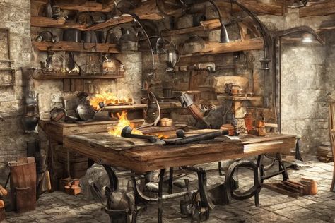 blacksmith, smithy forge, smelting furnace, medieval, | Stable Diffusion Fantasy Smithy Concept Art, Medevil Blacksmith, Steampunk Blacksmith, Blacksmith Aesthetic, Medieval Stable, Medieval Forge, Medieval Blacksmith, Magic Workshop, Fantasy Forge