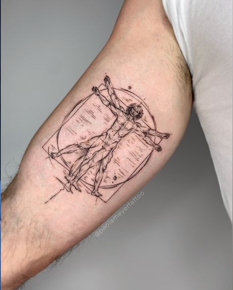 Vitruvian Man Tattoo, Natur Tattoo Arm, Fibonacci Tattoo, Da Vinci Vitruvian Man, Bicep Tattoo Men, Art Inspired Tattoos, Inner Arm Tattoos, Inner Bicep Tattoo, Trending Tattoos