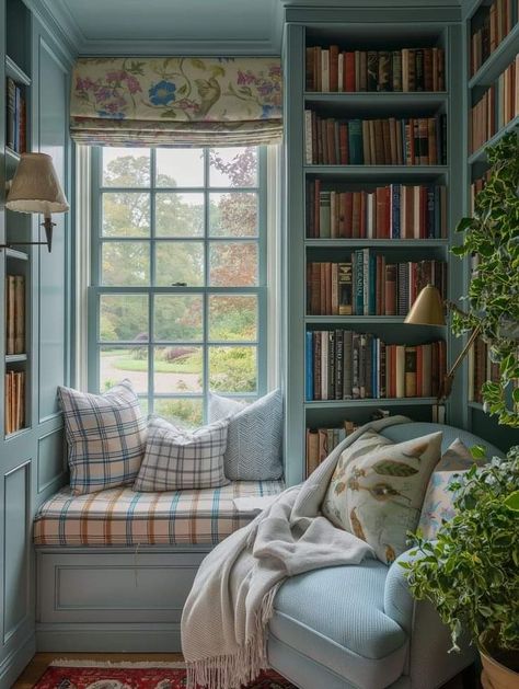 Cottagecore Window Seat, Reading Nook Window Seat, Reading Nook Window, Window Seat Ideas, Cottage House Interior, Cozy Home Library, Reading Nooks, Cottagecore Decor, Home Libraries