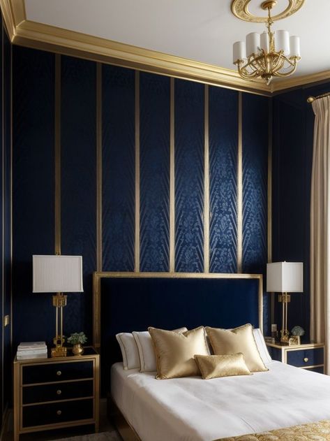 Create a luxurious look in your bedroom with a dark blue accent wall adorned with gold geometric patterns. Complete the elegant design by adding black velvet curtains and golden metallic accessories for a touch of glamour. Navy Blue And Gold Bedroom, Spain Apartment, Royal Blue Bedrooms, Gold Interior Design, Blue And Gold Bedroom, Alta Design, Gold Accent Wall, Luxury Bedrooms, Blue Accent Walls