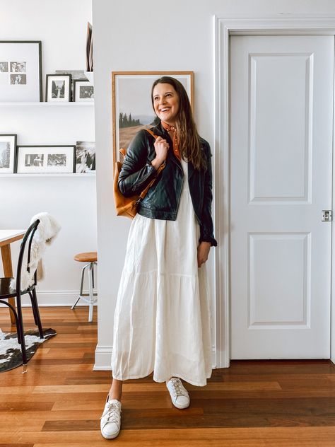 Maxi dress with a leather jacket and sneakers Style White Maxi Dress, Maxi Dress And Shirt Outfit, European Maxi Dress, Maxi Dresses For Fall, What To Wear Over Maxi Dress, Maxi Dress Jacket Outfit, White Maxi Dress Outfit Winter, Maxi Travel Dress, Maxi Dress Spring Outfit