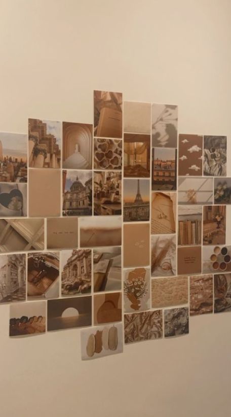 Aesthetic Pictures For Wall Collage Cream, Wall Decor Photo Collage, Room Decor Ideas Aesthetic Photo Wall, Room Decor Brown Aesthetic, Aesthetic Photos On Wall Ideas, Brown College Dorm Aesthetic, Aesthetic Brown Room Decor, Wall Astetic Photos, Beige Aesthetic Wallpaper Bedroom