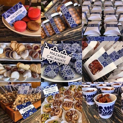 Mexican Wedding Candy Table, Talavera Wedding Decor Blue And White, Mexican Italian Wedding, Talavera Quinceanera, Blue And White Talavera Wedding, Mexican Talavera Party, Talavera Party Ideas, Blue Talavera Wedding, Talavera Centerpiece