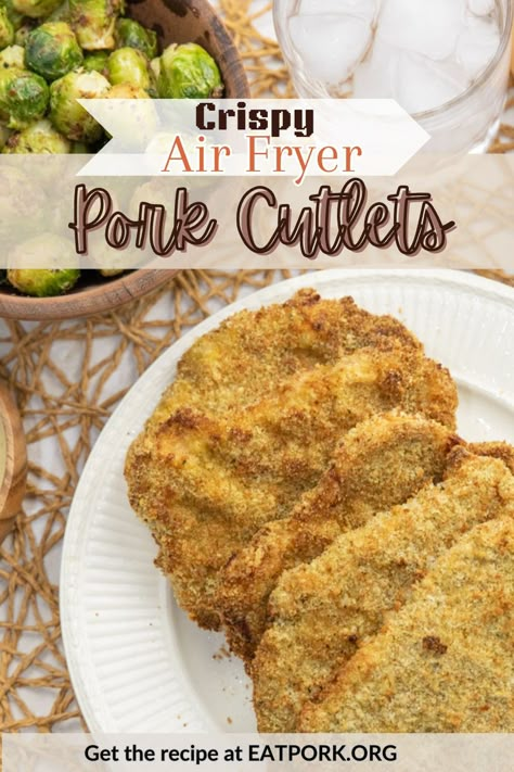 Pork cutlets in the air fryer are remarkably easy to prepare, cook quickly and require minimal ingredients for a delicious and satisfying air fryer recipe. The result? Golden-brown, crispy cutlets that are tender and juicy on the inside. https://www.eatpork.org/air-fryer-pork-cutlets/ Gluten Free Beef Recipes, Air Fryer Hacks, Greek Chicken Kebabs, Pork Cutlet Recipes, Air Fryer Foods, Air Fryer Pork, Pork Cutlet, Pork Sandwiches, Air Fried Food