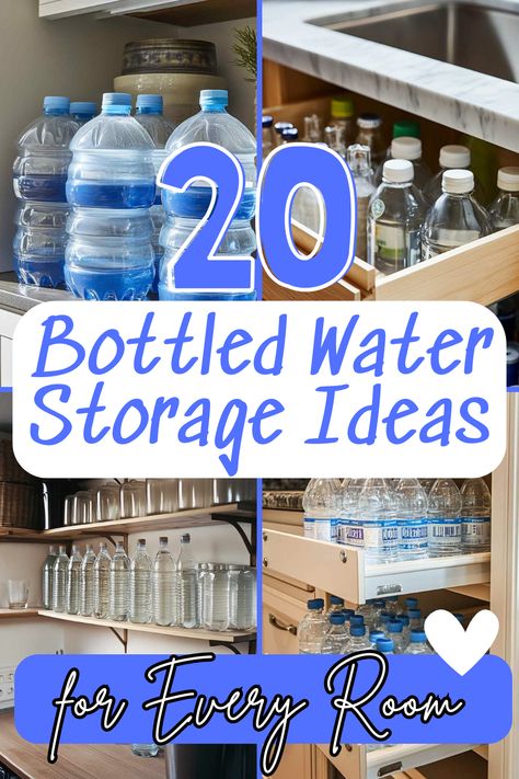 Struggling to store bottled water in your home? Check out these 20 smart and space-saving storage ideas that fit any space and keep your water supply organized and ready! #WaterStorage #EmergencyPrep #HomeOrganization #StorageSolutions #BottledWater Case Of Water Storage Ideas, Water Container Storage, Storage Water Bottle Ideas, Pantry Bottled Water Storage, Sports Bottle Storage Ideas, Bottle Water Storage Ideas, How To Store Water Bottles, Cooler Storage Ideas, Water Storage Ideas Home