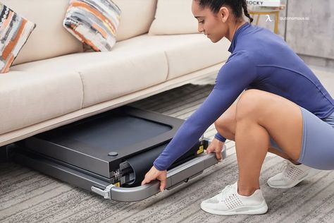 Foldable Treadmill With Incline, Small Treadmill Space, Folding Treadmill Small Spaces, Treadmill Storage Ideas, Hidden Treadmill, Treadmill In Living Room, Treadmill In Bedroom Ideas, Home Gym Treadmill, Small Treadmill