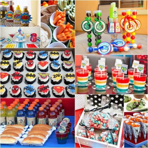 superhero birthday party food and dessert ideas Superhero Birthday Party Food, Superhero Party Food, Superman Party, Marvel Party, Avengers Party, Food Birthday, Table Food, Avengers Birthday, Batman Birthday