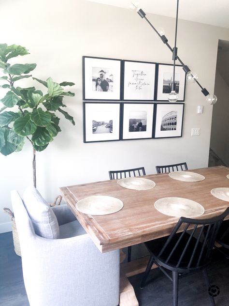 Dining Room Photo Wall Ideas, Dining Room Picture Wall Ideas, Dining Room Picture Wall, Picture Wall Layout, Dining Room Styling, Dining Room Gallery Wall, Wall Layout, Wooden Kitchen Table, Room Styling