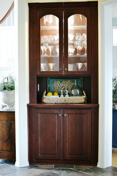 Built In China Cabinet Makeover, Built In China Cabinet Ideas, Corner Built In Cabinet, Kitchen Built In Hutch, China Cabinet Ideas, Small China Cabinet, Build Ins, Beverage Bars, China Cabinet Redo