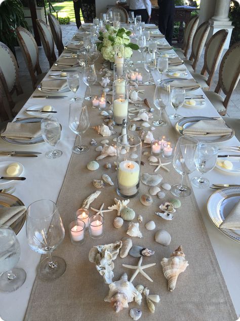 Beach Party Table Setting, Sea Theme Table Setting, Sea Shells Table Decorations, Seashell Table Decor Centerpieces, Beach Party Decorations Indoor, Under The Sea Table Setting, Seashell Dinner Party, Elegant Beach Theme Party, Beachy Wedding Table Decor