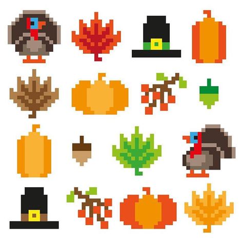 Thanksgiving pixel icons. Opinions please 😊 #Pixel #pixelart #8bit #pattern #turkey #thanksgiving #autumn #pumpkin #berries #leafs #harvest #hat #acorn #icon #pilgrim #seasonal #holiday #vector #vectorillustration #vectorificdesign #work Turkey Pixel Art, Thanksgiving Pixel Art, Thanksgiving Minecraft, Pixel Art Autumn, Thanksgiving Pattern, Pixel Icons, Cardboard Crafts Kids, Thanksgiving Craft, Graph Paper Drawings