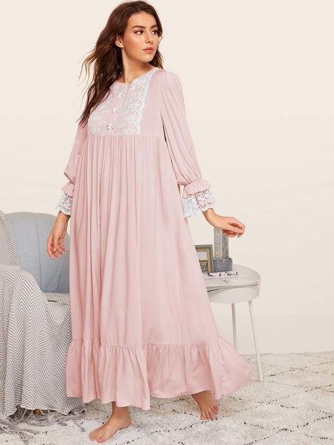 Satin Pj Set, Full Dress, Satin Pyjama Set, Nightgowns, Lace Ruffle, Pop Fashion, Sleepwear Women, Lace Sleeves, Ruffle Hem