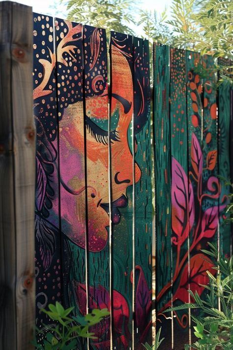 Boho Outdoor Space, Painted Fence, Outside Wall Art, Backyard Art, Garden Gates And Fencing, Garden Fence Ideas, Garden Fence Art, Garden Walls, Boho Patio