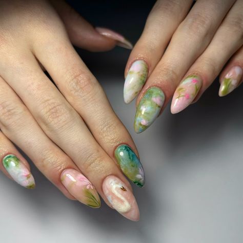 Monet inspired nails 🪷 Monet Nails Art, Monet Inspired Nails, Impressionist Nails, Monet Nailart, Oil Painting Nails, Claude Monet Nails, Monet Nail, Monet Nails, Van Gogh Nails