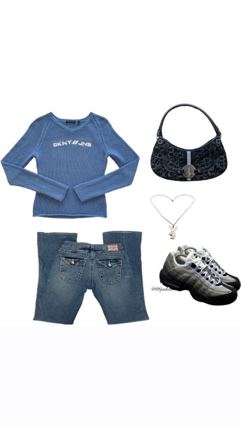 dkny sweater, dkny bag, true religion jeans, nike air max 95 aluminium outfit for women #fashion #y2kaesthetic #vintage #dkny #90sfashion #airmax95 Flared Low Rise Jeans Outfit, Low Rise Jeans Outfit, Dkny Sweater, Vintage Dkny, Dkny Bag, Outfit For Women, Archive Fashion, Grunge Y2k, Nike Air Max 95