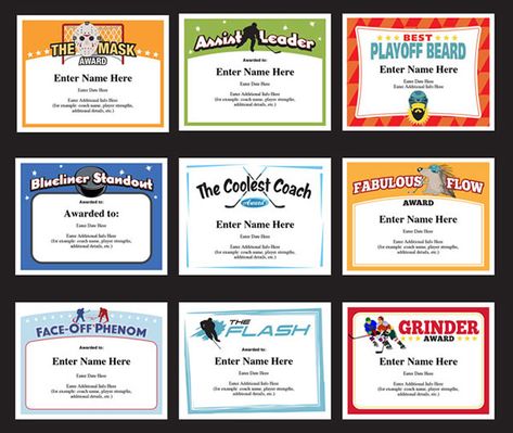 Hockey award certificates. These sports templates are a fun way to recognize players and coaches. From Assist Leader to Coolest Coach, you're sure to find something for everyone. Great designs! Hockey Awards, Softball Awards, Basketball Awards, Softball Things, Basketball Trophies, Fantasy Football Gifts, Soccer Awards, Funny Awards, Motivational Quotes For Kids