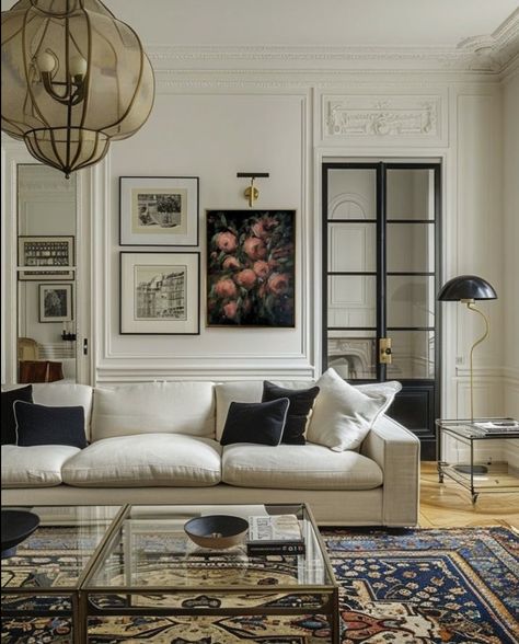 Paris Apartment Interiors, Simple Gallery Wall, Parisian Living Room, Parisian Interior Design, French Living Rooms, Parisian Interior, French Apartment, Abstract Floral Paintings, Eclectic Living Room