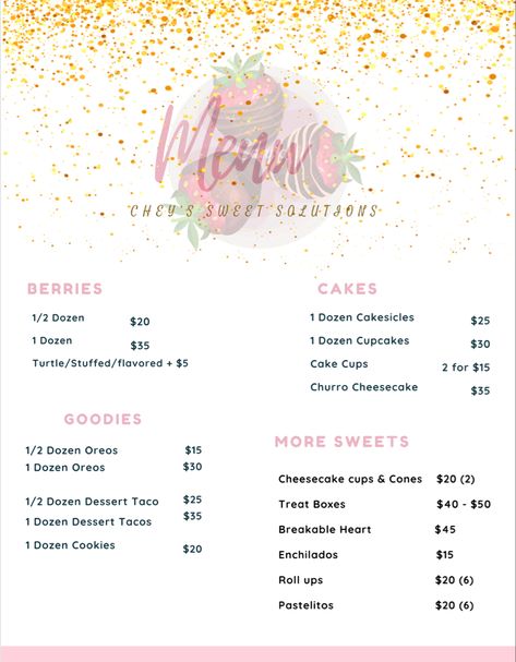 Taco Chocolate Covered Strawberries, Treat Menu Design, Prices For Chocolate Covered Strawberries, Sweet Treat Business Ideas, Treat Business Names, Dipped Treats Price List, Strawberry Business, Sweet Treat Business, Sweets Business Ideas