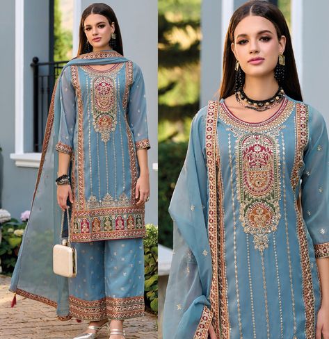 Blue Pakistani designer 3 Piece Embroidered Salwar Kameez with Heavy Dupatta Neck Suit, Salwar Kameez, Pakistani suit,Plus size Dress 2024 Saree Bridesmaid, Saree South Indian, South Indian Saree, Bandhani Dupatta, Heavy Dupatta, Embroidered Salwar, Modern Indian Wedding, Saree Kanjivaram, Salwar Kameez Pakistani