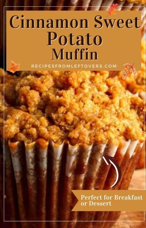 Indulge in a delightful anytime treat with these Cinnamon Sweet Potato Muffins! Perfect for breakfast or dessert, they offer a flavorful twist by combining the nutritional benefits of sweet potatoes with the comforting sweetness of cinnamon. Made with real sweet potatoes, these muffins boast a unique flavor and soft, fluffy texture. Give them a try for a satisfying departure from ordinary muffins! Sweet Potato Pecan Muffins, Apple Cinnamon Sweet Potato, Sweet Potato Cupcakes With Box Cake, Sweet Potatoes Muffins, Breakfast Sweet Potato Recipes, Sweet Potato Muffins Recipes, Sweet Potato Dessert Healthy, Sweet Potato Bread Recipes, Sweet Potato Muffins Healthy