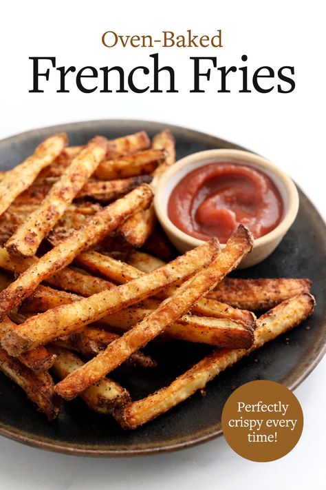 Here's how to bake French fries in the oven, so they turn out perfectly crispy every time. Baked French Fries are even better when you toss them in this easy, homemade seasoning. It's addictive! French Fries In The Oven, Crispy Baked French Fries, Oven French Fries, Oven Baked French Fries, Baked French Fries, French Fries At Home, French Fry Seasoning, Best French Fries, Oven Baked Fries