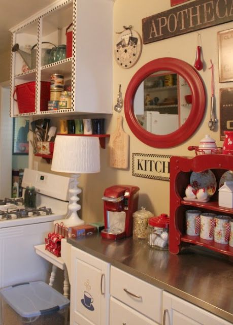 Cozy Little House: The Less Than $50 Kitchen Redo Retro Coffee Bar Ideas, Retro Coffee Bar, Plant Station, Red Kitchens, Kaffe Bar, Red Cabinet, Microwave Cart, Cozy Little House, Diy Coffee Station