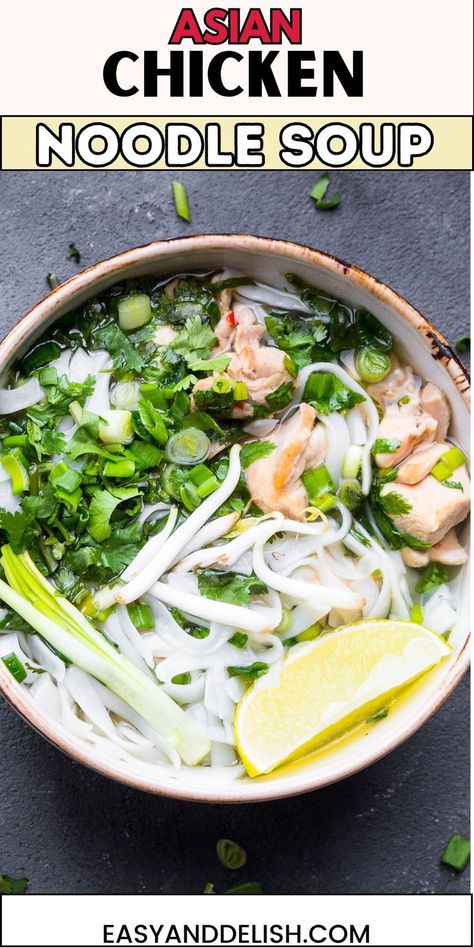 Close up of a bowl of Asian chicken noodle soup. Noodle Soup In A Jar, Healthy Chicken Noodle Soup, Gluten Free Chicken Noodle Soup, Meal Prep For Lunch, Easy Asian Chicken, Asian Chicken Noodle Soup, Fall Eats, Chicken Noodle Soup Recipe, Soup In A Jar