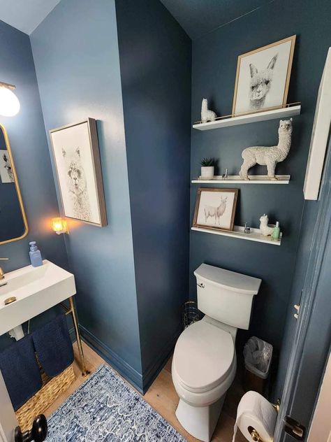 Navy And Silver Bathroom, Navy Blue Restroom, Navy Half Bathroom Ideas, Half Bathroom Ideas Blue, Navy Blue And Grey Bathroom, Church Bathroom, Laundry Combo, Blue Bathroom Walls, Dark Blue Walls