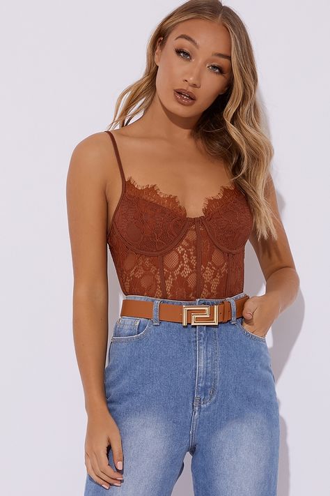 Largo Brown Cami Lace Bodysuit | In The Style Bodysuit Outfit Jeans Going Out, Lingerie Top With Jeans, Night Out Outfit Ideas Club, Brown Bodysuit Outfit, Bodysuit Outfit Jeans, Lace Bodysuit Outfit, Brown Cami, Brown Bodysuit, Red Lace Top