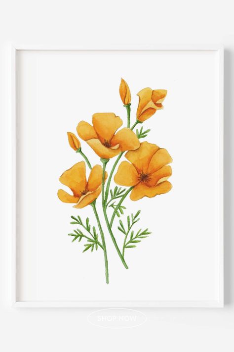 California poppy watercolor art print, wall decor, spring flower art Poppy Watercolor Painting, California State Flower, California Poppy Art, Spring Flower Art, Poppy Watercolor, Poppy Drawing, California Poppies, Beautiful California, Abstract Painting Techniques