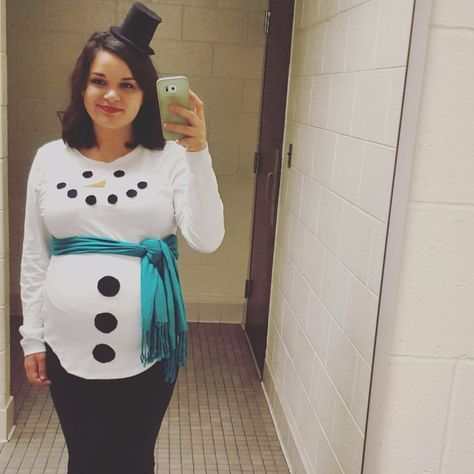 DIY Maternity Snowman Costume: Easy and Only $15! - Budgets & KaleFacebookInstagramPinterestTwitterFacebookInstagramPinterestTwitter Diy Snowman Costume, Ugly Christmas Sweater Pregnant, Maternity Costume, Reindeer Ugly Sweater, Baby Shower Outfit Ideas, Tacky Christmas Party, Snowman Costume, Ugly Christmas Sweater Contest, Pregnancy Costumes