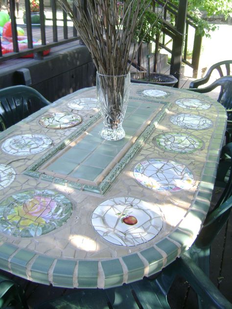 Mosaic Patio, Mosaic Patio Table, Mosaic Tables, Recycled Door, Tile Tables, Iron Table Legs, Outdoor Table Tops, Mosaic Table Top, Tile Table