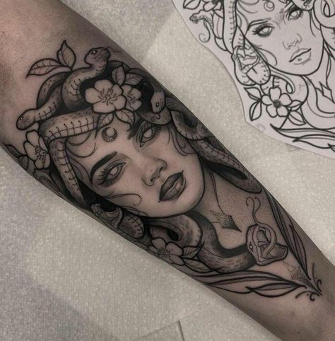 Forearm Tattoo Women Medusa, Medusa Shoulder Tattoos For Women, Medusa Forearm Tattoo, Colour Tattoo For Women, Tattoos For Women Half Sleeve, Upper Arm Tattoos, Forearm Tattoo Women, Medusa Tattoo, Shoulder Tattoos For Women