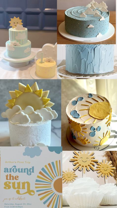 First trip around the Sun / Here comes the son cake options with sun and clouds for boys. Including cloud cupcake Here Comes The Son Cake, Trip Around The Sun Cake, Around The Sun Cake, Baby Boys First Birthday, Cloud Cupcakes, Sun Cake, Here Comes The Son, Boys First Birthday, First Trip Around The Sun