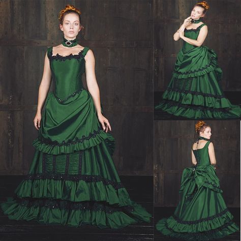 Vintage Victorian Ball Gown For Theater, Green Victorian Ball Gown, Victorian Age Dress, Green Victorian Dress With Historical Design, Bustle Dress Victorian, Victorian Bustle Gown, Gothic Prom Dress, Off Shoulder Evening Dress, Vampire Clothes