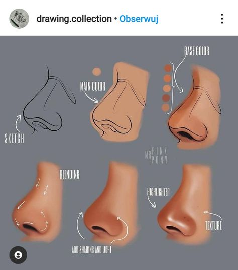 Nose Tutorial, How To Draw A Nose, Draw A Nose, Digital Art Tutorial Beginner, Lip Tutorial, Ipad Tutorials, Digital Painting Techniques, Procreate Ipad Art, Color Palette Challenge