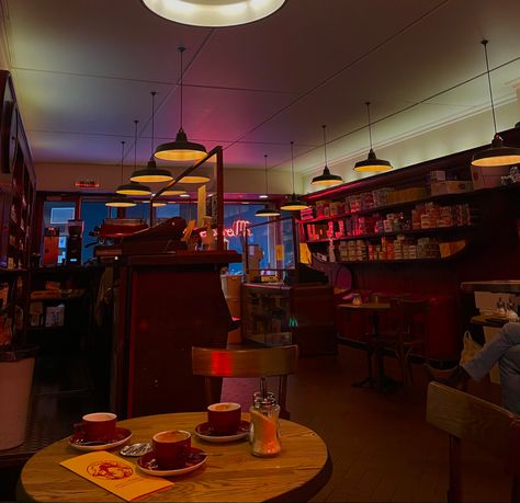 Lgbtq Coffee Shop, Red Aesthetic Coffee Shop, Jewel Tone Coffee Shop, Late Night Coffee Shop Aesthetic, Music Cafe Aesthetic, Fall Coffee Shop Decor, 90s Cafe Aesthetic, 2000s Coffee Shop Aesthetic, 80s Coffee Shop