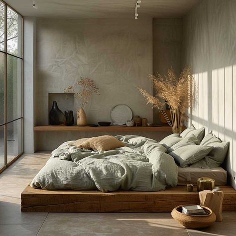 Japandi Green Bedroom, Interior Mediterranean Style, Contemporary Industrial Living Room, Mediterranean Bedroom Design, Spanish Style Bedroom, Aesthetic Mediterranean, Japandi Color Palette, Warm Bedroom Colors, Tiles Bedroom