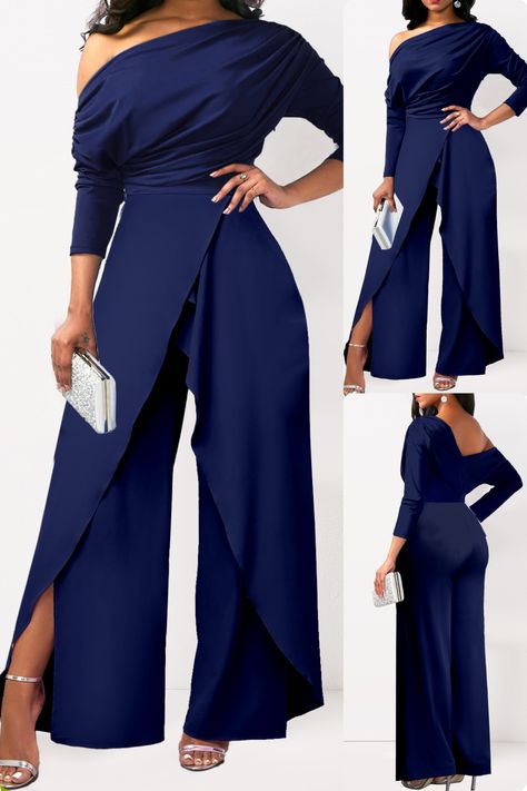 Turn heads at your next party in this one shoulder asymmetry navy long jumpsuit! This sexy and stylish jumpsuit is perfect for making a statement. The jumpsuit features an asymmetrical neckline, layered bodice, ruched waist, and split wide leg pants. It is made of a soft and comfortable fabric that is perfect for spring and autumn wear. #oneshoulderjumpsuit #asymmetryjumpsuit #navyjumpsuit #longjumpsuit #sexyjumpsuit #partyjumpsuit #fashionforyou #fashionlover #streetstyle Elegant One-shoulder Blue Jumpsuits And Rompers, Chic Blue One-shoulder Jumpsuit, Long Black Jumpsuit, Blue Fitted Floor-length Jumpsuits And Rompers, Casual Blue Wide-leg Jumpsuits And Rompers, Spring Jumpsuits, Purple Jumpsuit, Navy Jumpsuit, Jumpsuit Fall