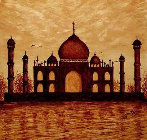 "Taj Mahal Lovers Dream" - Georgeta Blanaru coffee painting. " Coffee Painting Canvas, Coffee Art Drawing, Luxury Bedroom Lighting, Coffee Art Painting, Monochromatic Painting, Coffee Drawing, Coffee Painting, Indian Art Paintings, Art Painting Acrylic