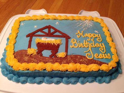 Baby Jesus Manger Cake; Happy Birthday Jesus Cake Jesus Cake Ideas, Baby Jesus Cake, Birthday Cake For Jesus, Preschool Treats, Happy Birthday Jesus Cake, Jesus Birthday Cake, Jesus Cake, Happy Birthday Jesus Party, Jesus Birthday Party