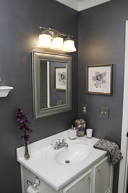 Gray/silver/white/purple bathroom. Love the color scheme - would it work for a very tiny powder room?: Small Dark Bathroom, Grey Bathroom Paint, Bathroom Colors Gray, Tiny Powder Rooms, Bathroom Transitional, Tiny Powder Room, Small Bathroom Paint, Dark Gray Bathroom, Purple Bathroom