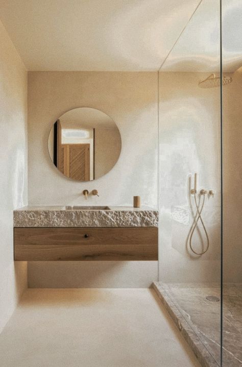 Mallorca Bedroom Interior Design, Cali Flooring Dawn Patrol, Limestone Wash Bathroom, Mediterranean Spa Bathroom, Bedroom Decor Wooden Bed, Microcement Bathroom Ideas, Modern Organic Natural Home, Japandi Style Bathroom, Microcement Bathroom