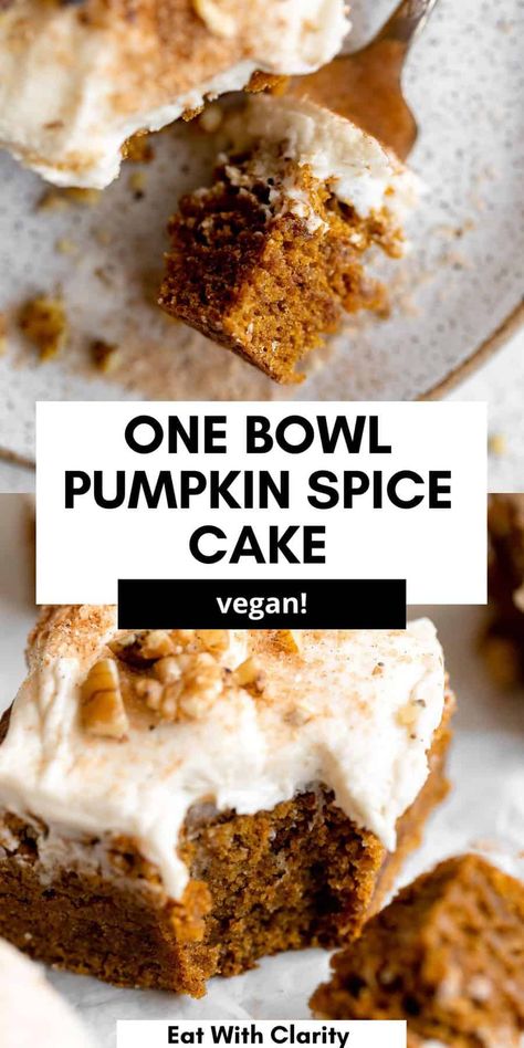 This vegan pumpkin spice cake is moist, tender and made in one bowl. This easy gluten free cake is finished with a simple cinnamon cream cheese frosting and is the perfect vegan dessert for Fall. Easy Pumpkin Spice Cake, Best Vegan Cake Recipe, Gluten Free Pumpkin Cake, Pumpkin Spice Cake Recipe, Winter Flavors, Pumpkin Cake Easy, Spice Cake Recipe, Df Recipes, Vegan Pumpkin Spice