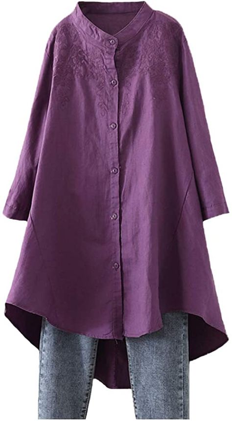 Minibee Women's Cotton Linen Shirt High Low Button Down Embroidered Blouse Long Sleeve Tunic Tops With Pocket Yellow 2XL at Amazon Women’s Clothing store Womens Linen Tops, Linen Shirt Outfit, Linen Tunics For Women, Linen Tops, Linen Top Women, Harem Pants Women, Shirt Casual Style, Blouse Long Sleeve, Pleated Blouse